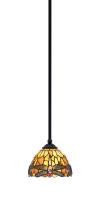  560-MB-9465 - Zilo Stem Mini Pendant, Matte Black Finish, 7" Amber Dragonfly Art Glass