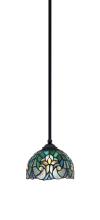  560-MB-9925 - Zilo Stem Mini Pendant, Matte Black Finish, 7" Turquoise Cypress Art Glass