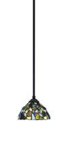  560-MB-9955 - Zilo Stem Mini Pendant, Matte Black Finish, 7" Blue Mosaic Art Glass